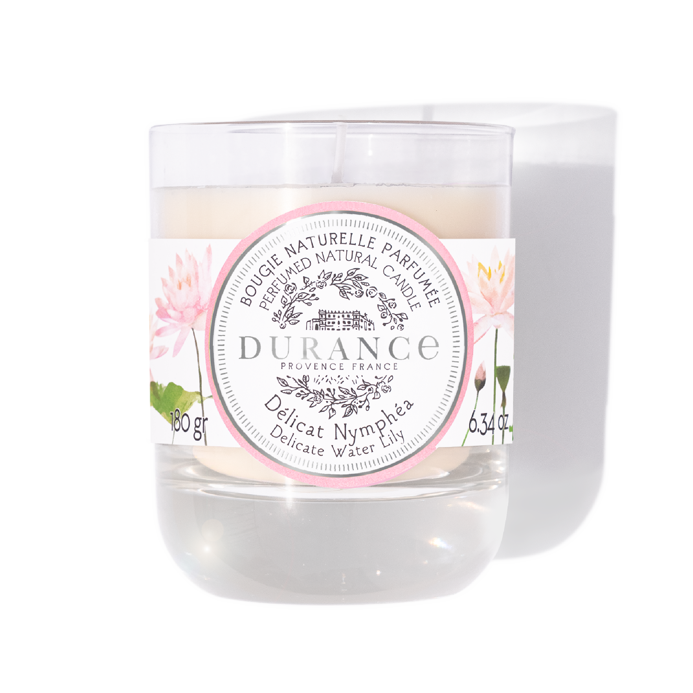 Delicate Water Lily Candle in a glass jar with a Durance label